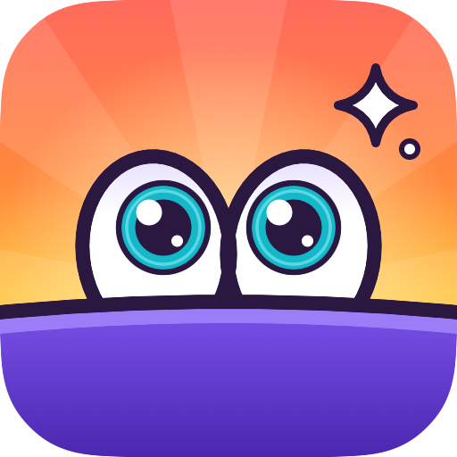 Looky Looky app icon: two big eyes peeking over a violet ledge at sunrise